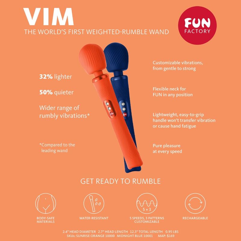 FUN FACTORY - VIM WAND RUMBLE VIBRADOR RECARGABLE SILICONA NARANJA – Image 6