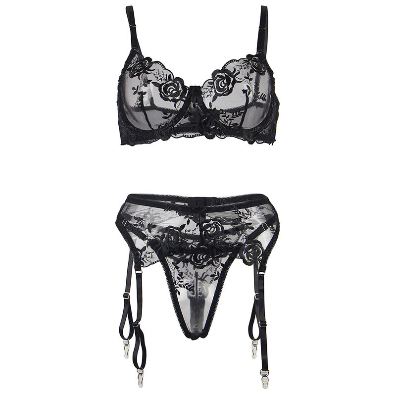 SUBBLIME - SET DE 3 PIEZAS SUJETADOR + TANGA + LIGA ESTAMPADO FLORAL NEGRO S/M – Image 7