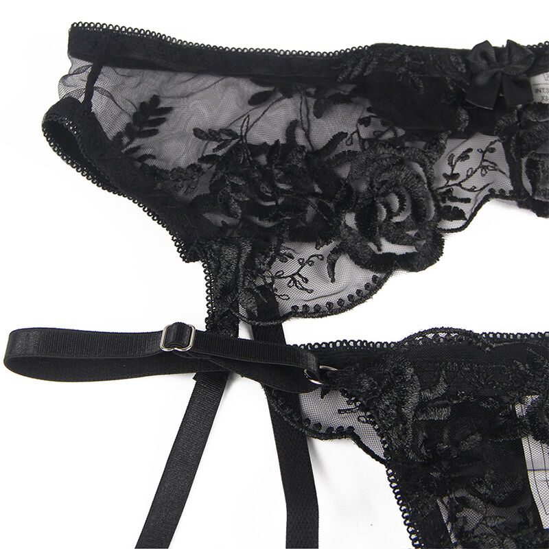 SUBBLIME - SET DE 3 PIEZAS SUJETADOR + TANGA + LIGA ESTAMPADO FLORAL NEGRO S/M – Image 10
