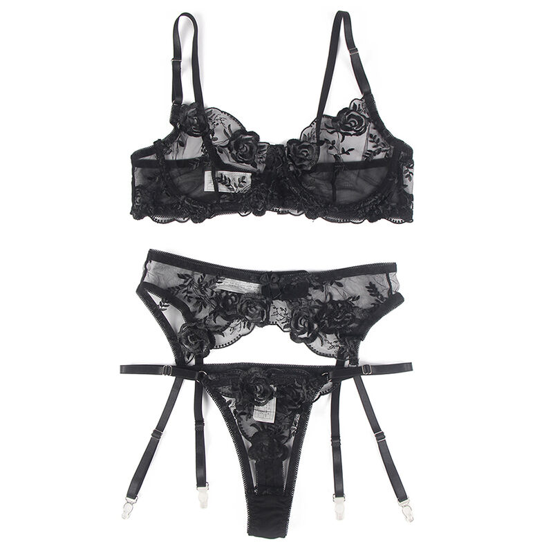 SUBBLIME - SET DE 3 PIEZAS SUJETADOR + TANGA + LIGA ESTAMPADO FLORAL NEGRO S/M – Image 6