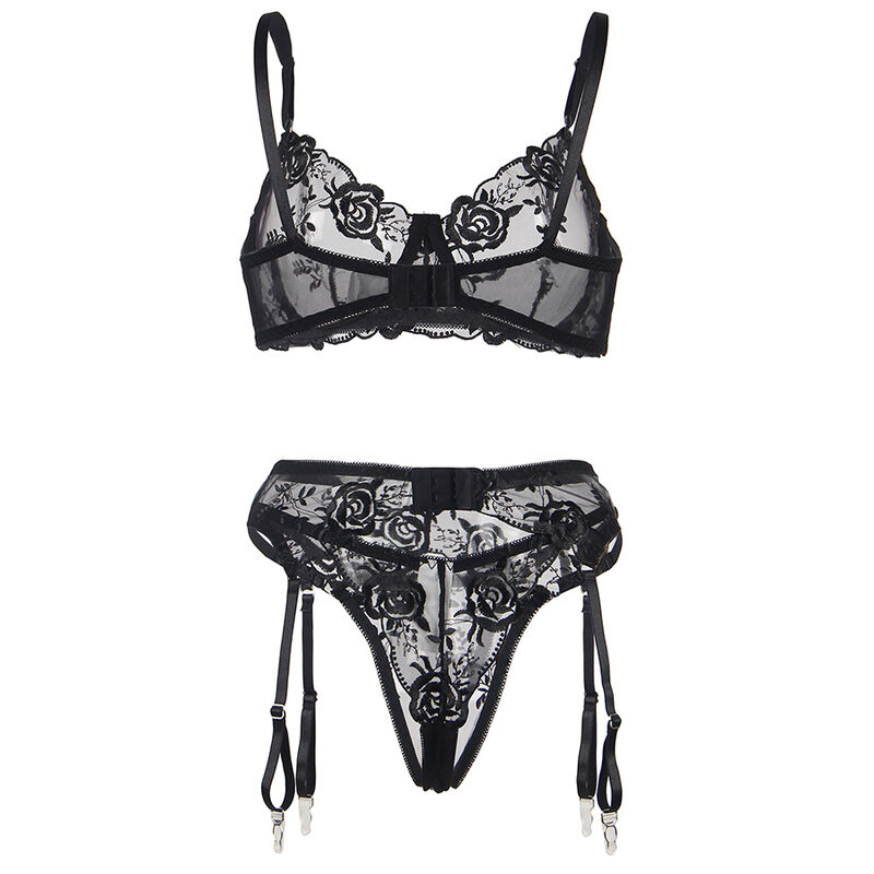 SUBBLIME - SET DE 3 PIEZAS SUJETADOR + TANGA + LIGA ESTAMPADO FLORAL NEGRO S/M – Image 8