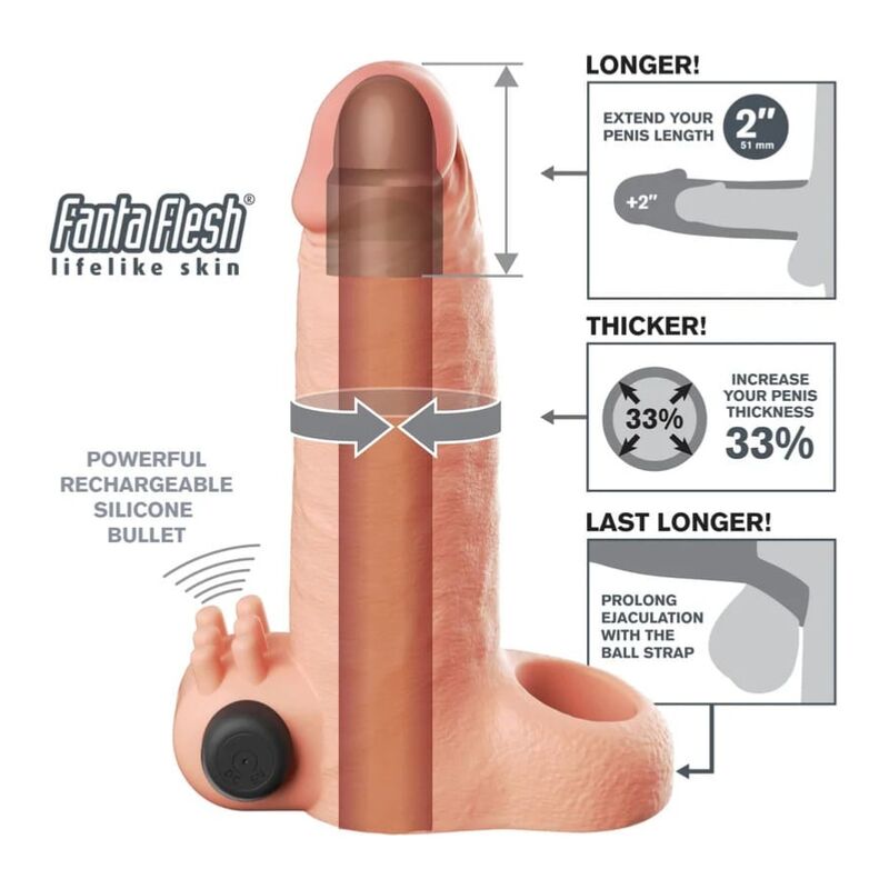 FANTASY X-TENSIONS - MANCHON D'EXTENSION PÉNIENNE DE 5 CM À SENSATIONS RÉELLES VIBRANTES, BEIGE – Image 5